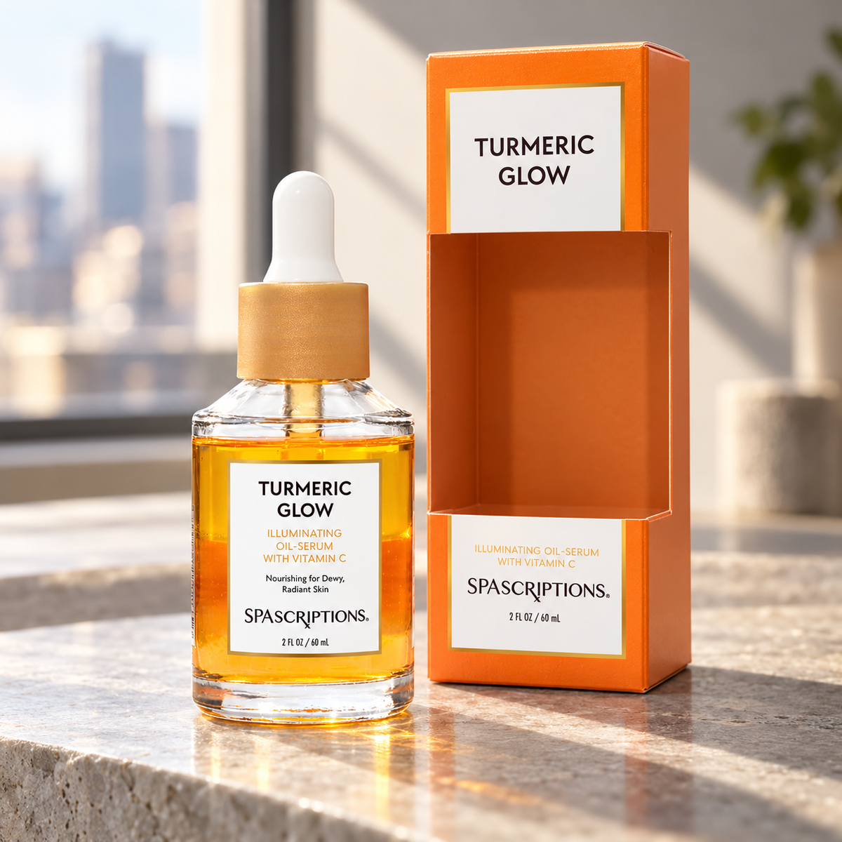 SPASCRIPTIONS Turmeric Glow Oil-Serum 60 ml — one bottle beside its empty matching carton