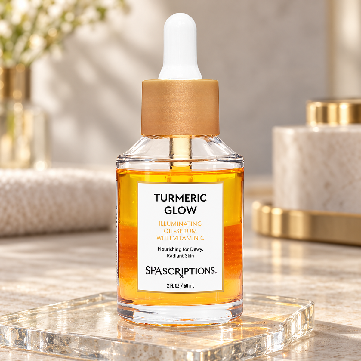SPASCRIPTIONS Turmeric Glow Oil-Serum 60 ml — clear bottle and label close-up