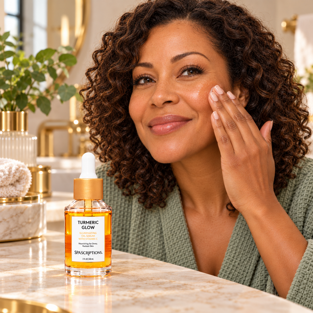 Same model patting serum onto cheek beside SPASCRIPTIONS Turmeric Glow Oil-Serum