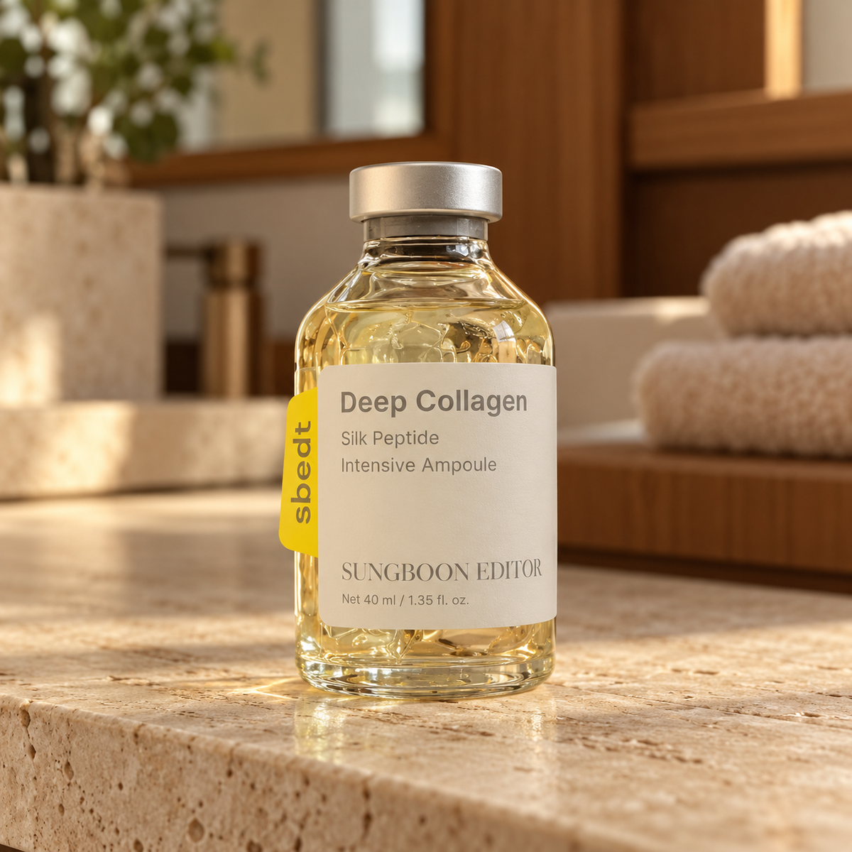 SUNGBOON EDITOR 40 ml ampoule bottle on a home bathroom vanity