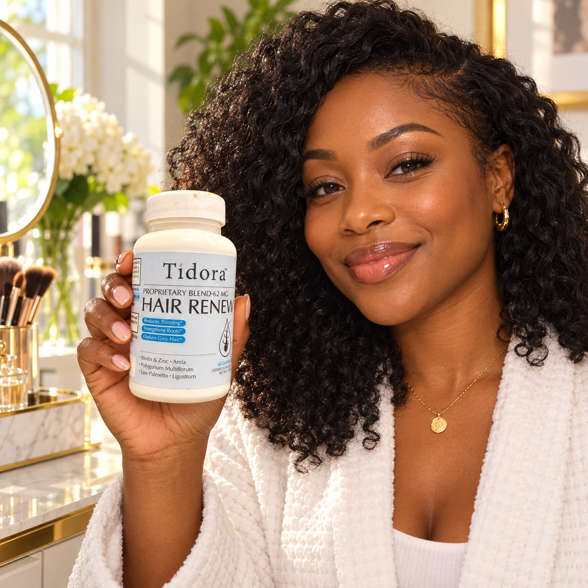 Adult woman holding Tidora Hair Renew 60 capsules bottle