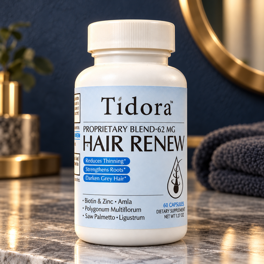 Tidora Hair Renew 60 Capsules bottle on silver-gray marble