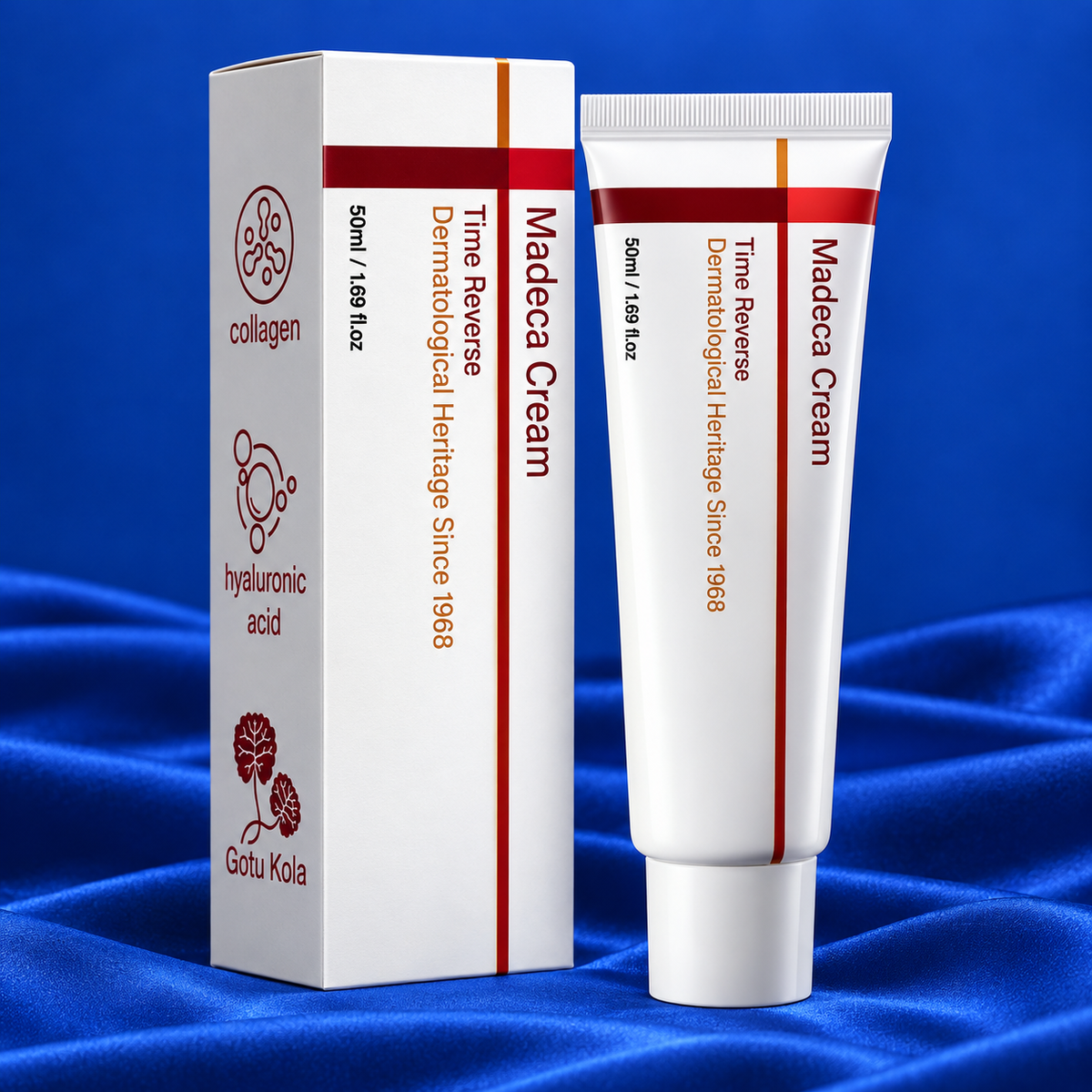 Time Reverse Madeca Cream 50 ml tube and carton on cobalt blue satin
