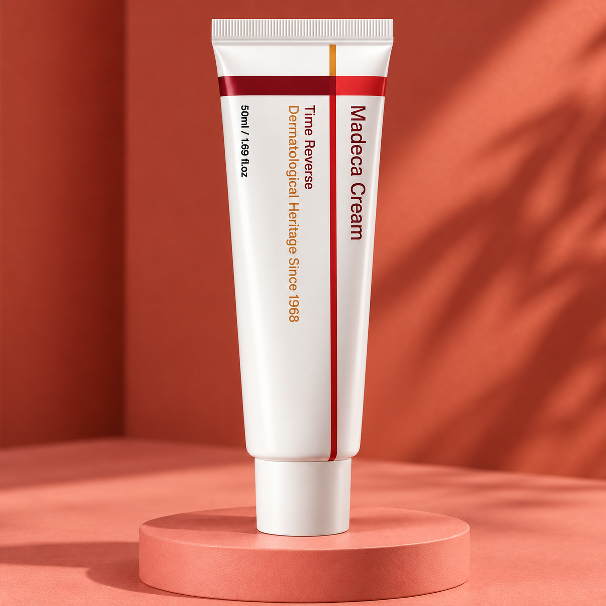 Closed Time Reverse Madeca Cream 50 ml tube on a coral pedestal