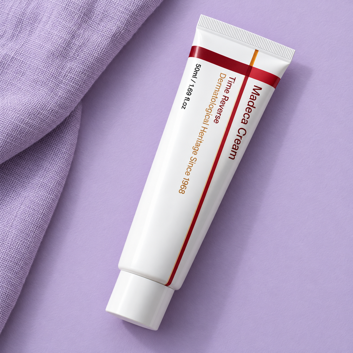 Time Reverse Madeca Cream 50 ml tube in a lilac flat lay