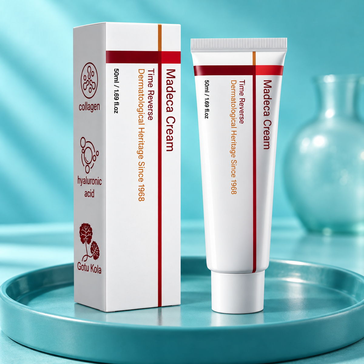 Time Reverse Madeca Cream 50 ml tube and carton on a teal tray