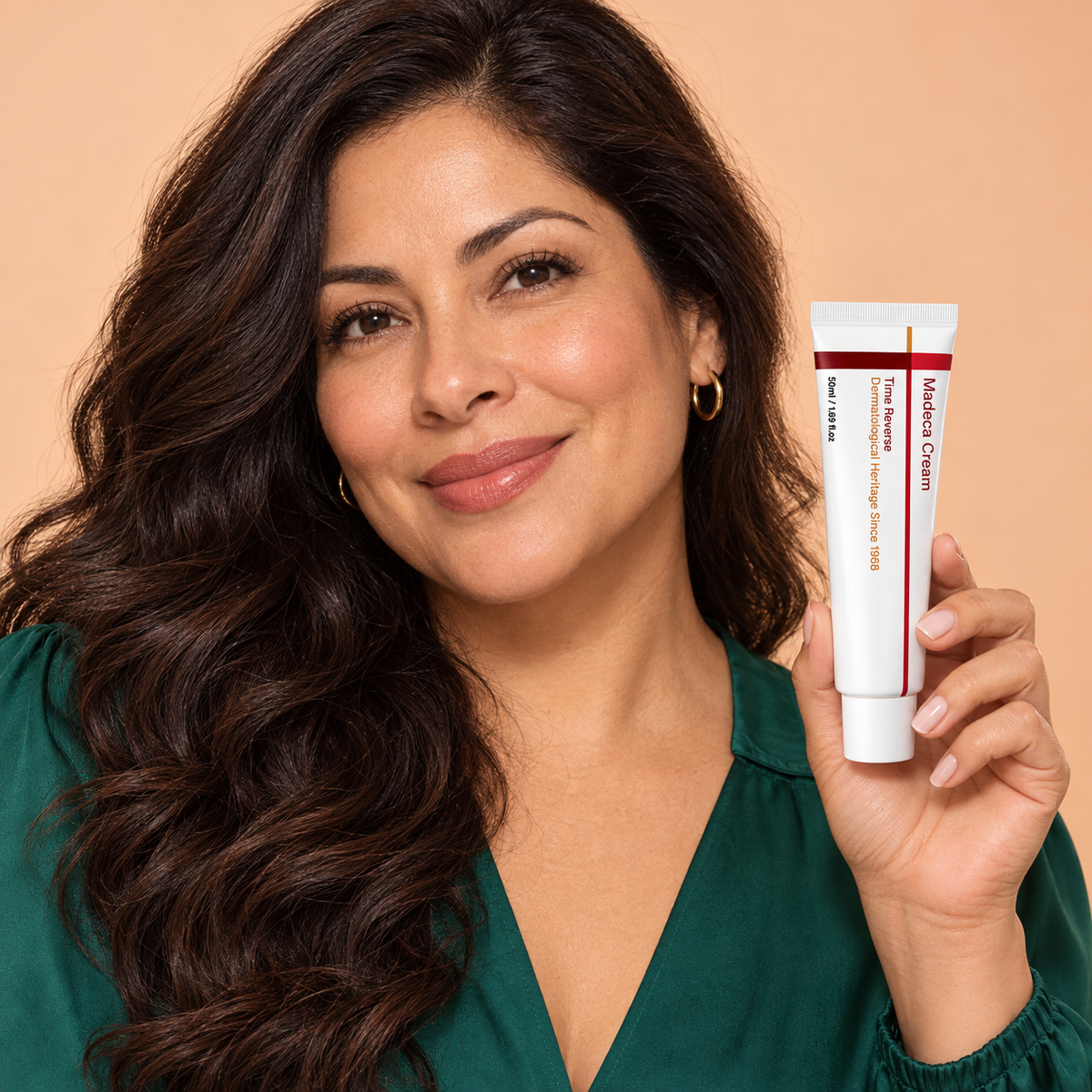 Adult model holding a closed Time Reverse Madeca Cream tube against a peach background
