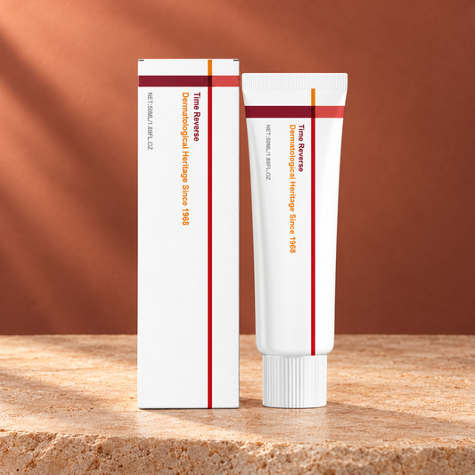 Time Reverse cream tube and carton on terracotta backdrop