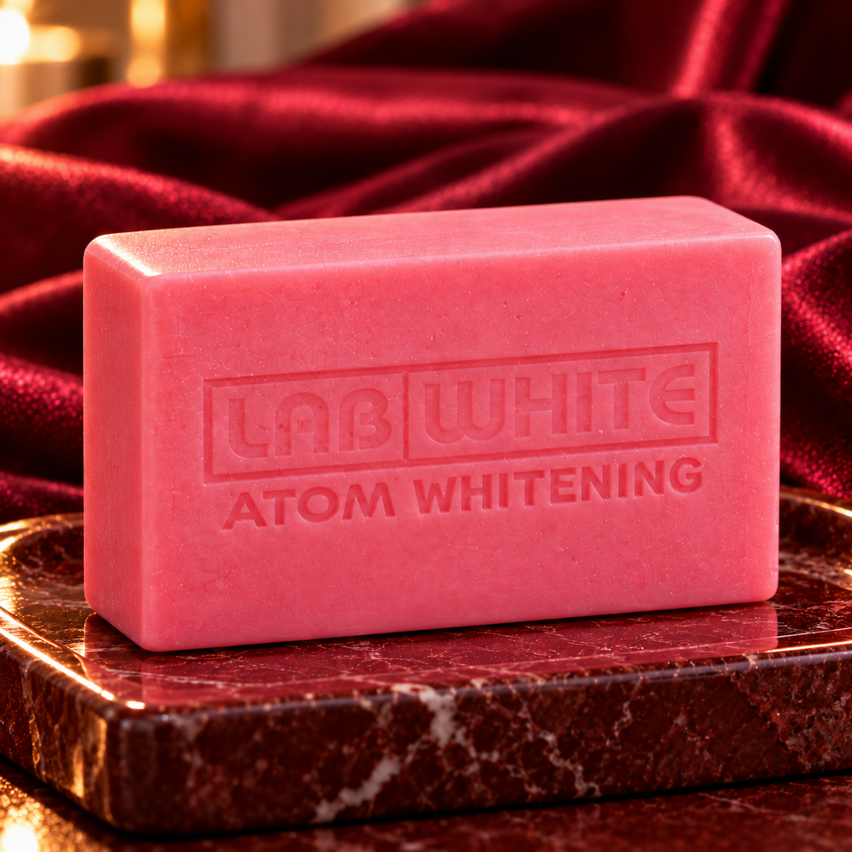 LAB WHITE Tomato Soap — close detail of the pink bar with LAB WHITE and ATOM WHITENING embossing