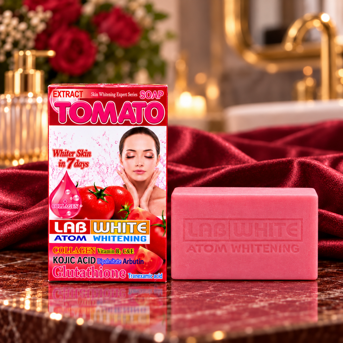 LAB WHITE Tomato Soap carton beside its pink rectangular LAB WHITE-embossed bar
