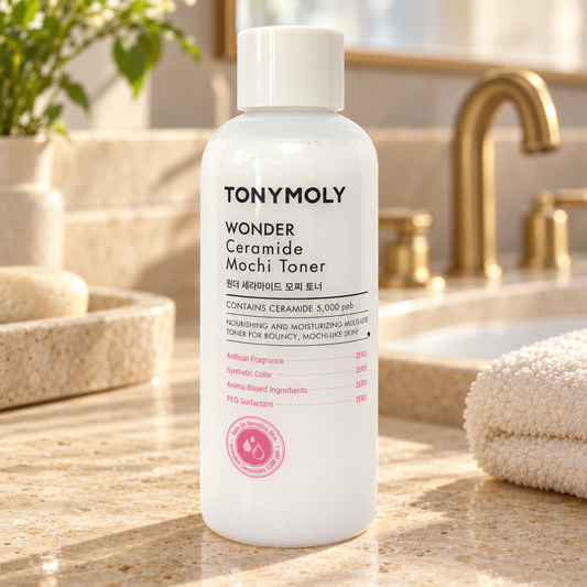 TONYMOLY Wonder Ceramide Mochi Toner 300 mL on a bathroom vanity