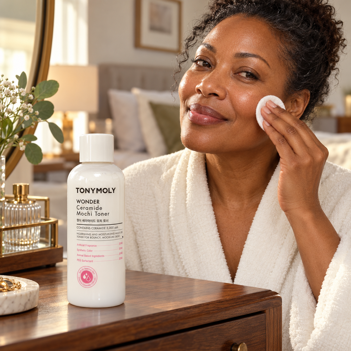 Model applying toner with a cotton pad beside TONYMOLY Wonder Ceramide Mochi Toner