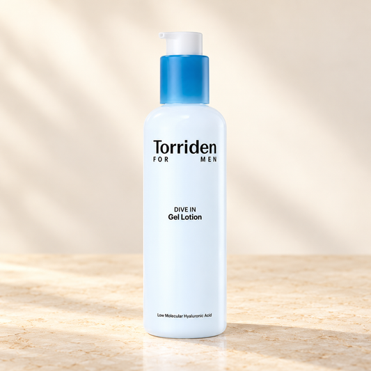 Torriden Dive-In Gel Lotion, original For Men bottle on cream stone