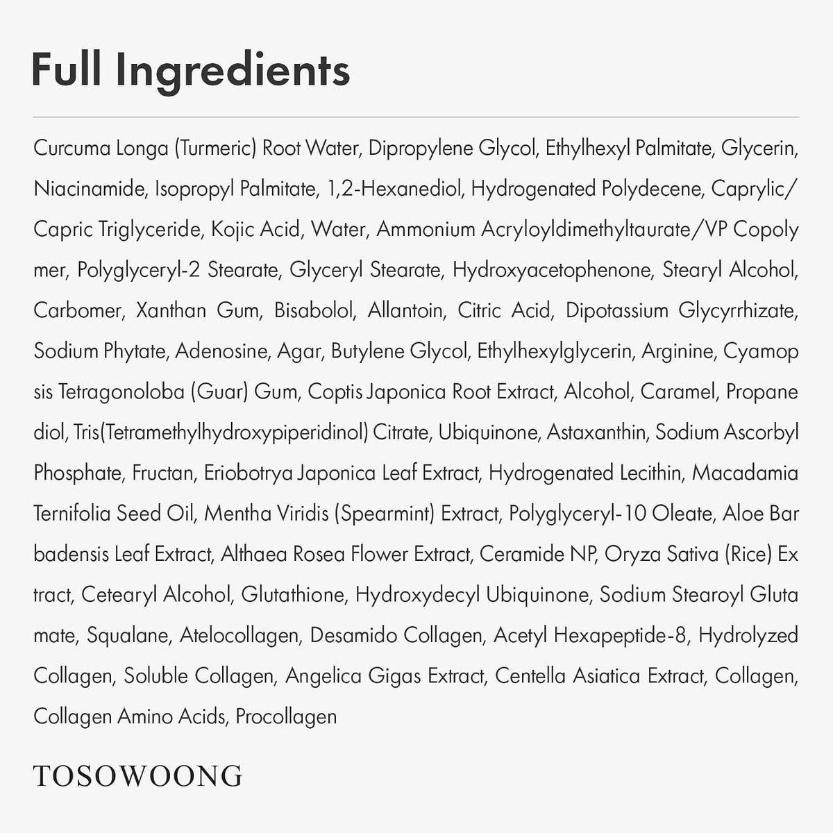 TOSOWOONG full ingredient list for this formula