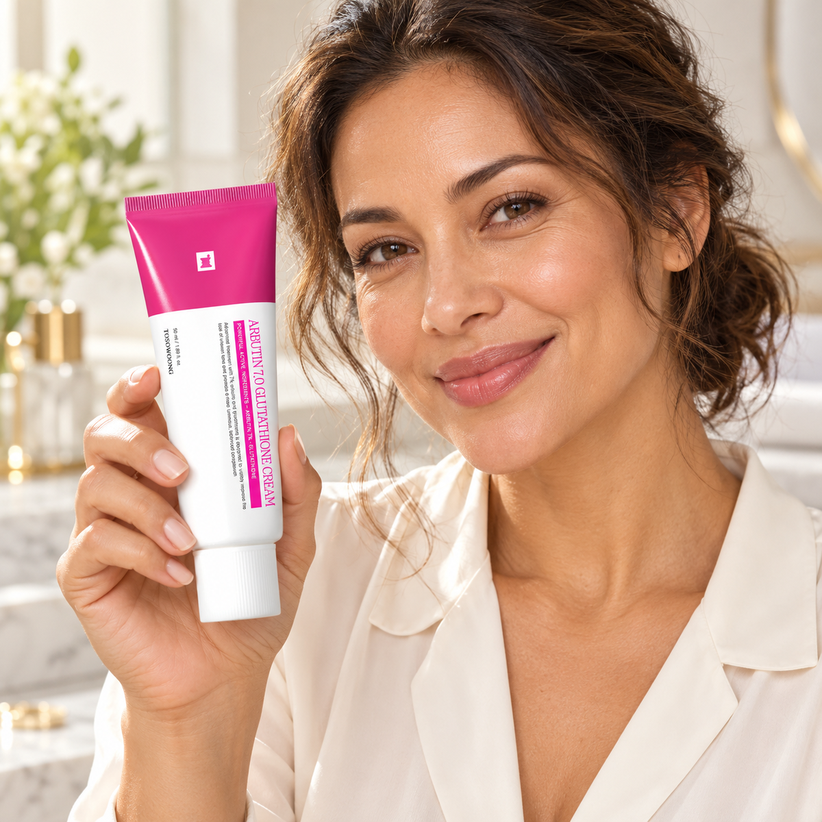 Illustrative model holding TOSOWOONG glutathione cream