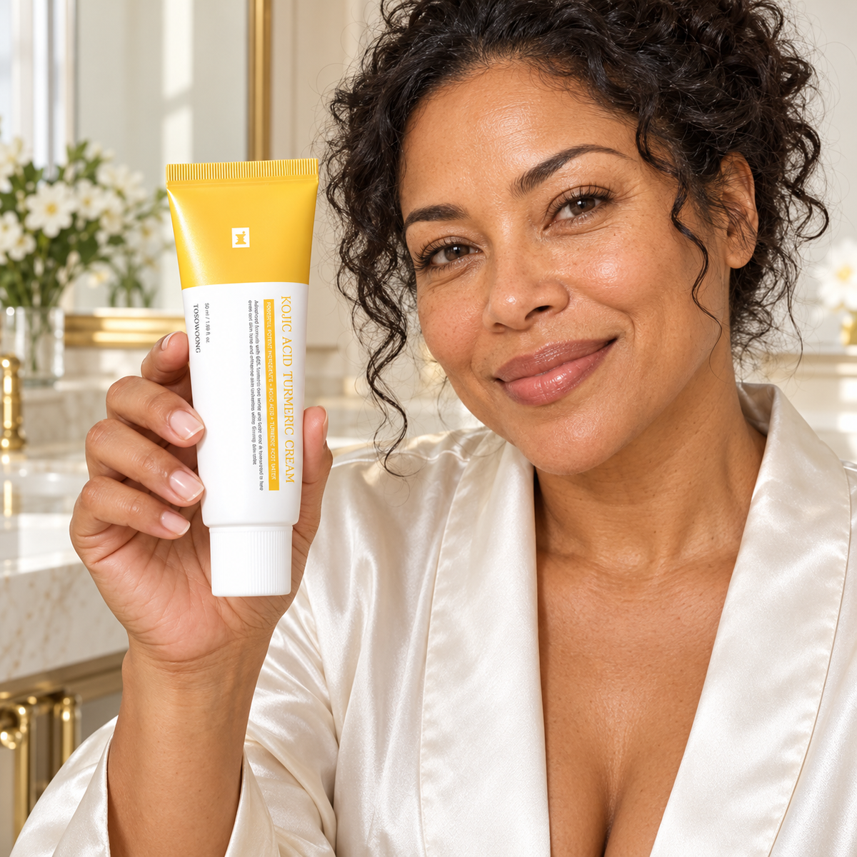 Illustrative model holding TOSOWOONG kojic cream