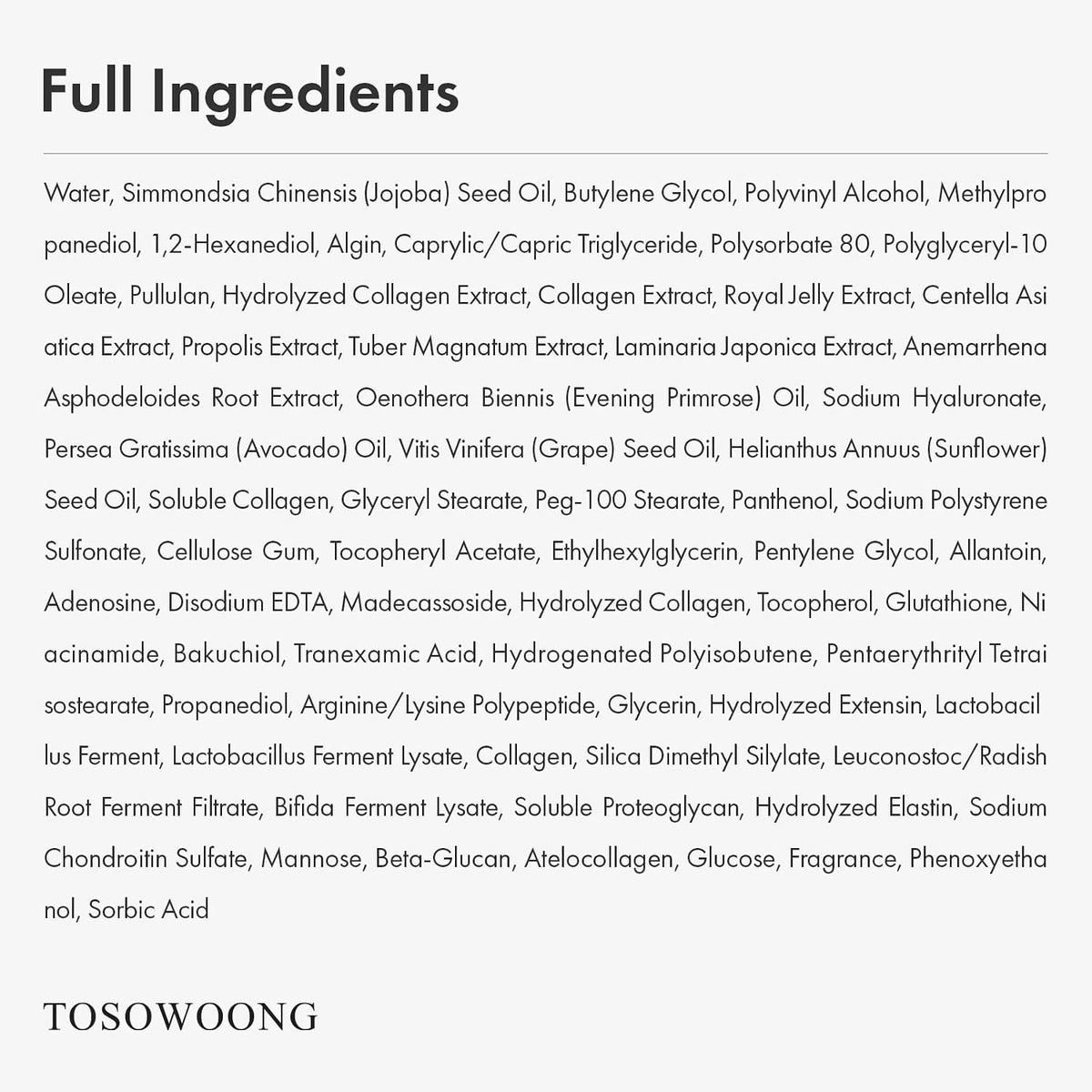 TOSOWOONG Real Collagen Fit ingredient information from the brand