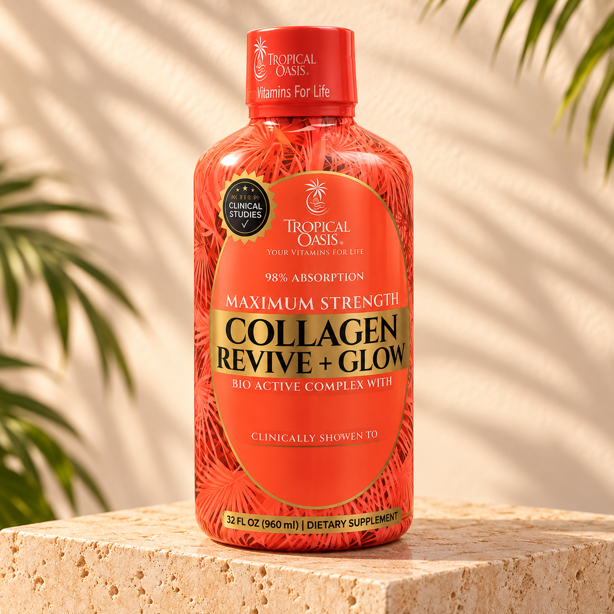 Tropical Oasis Collagen Revive + Glow, 32 fl oz (960 ml), AI-styled product photograph.