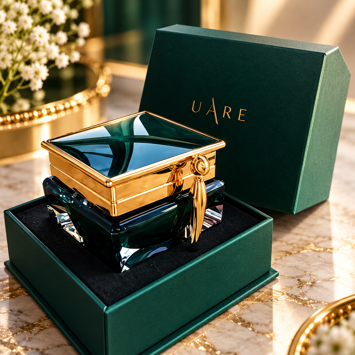 UARE green and gold facial cream detail