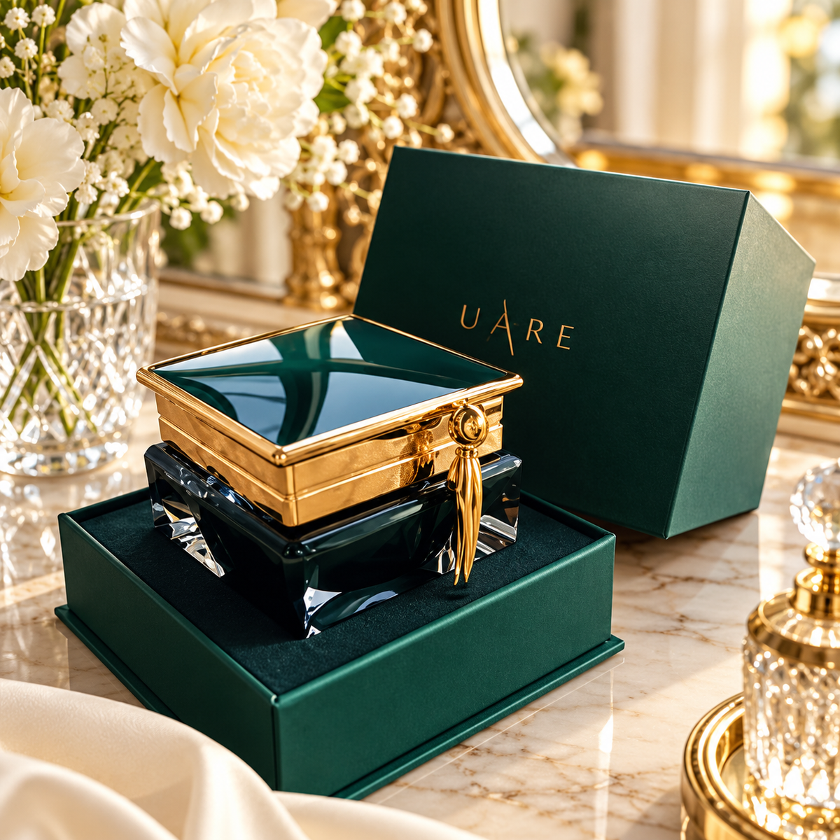 UARE green and gold facial cream dresser