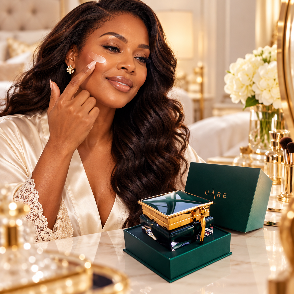 UARE green and gold facial cream model