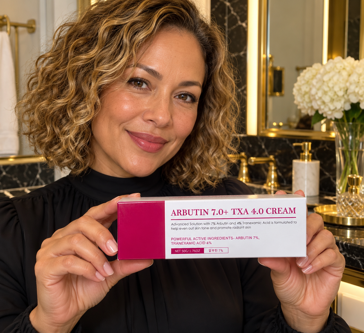 Unbranded Arbutin 7.0 + TXA 4.0 Cream 50 g — woman presenting sealed original carton
