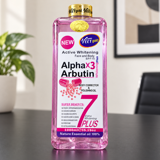 Veet Gold Alpha X3 Arbutin Oil 1000 ml sealed bottle on a matte black home-office desk with a cream wall