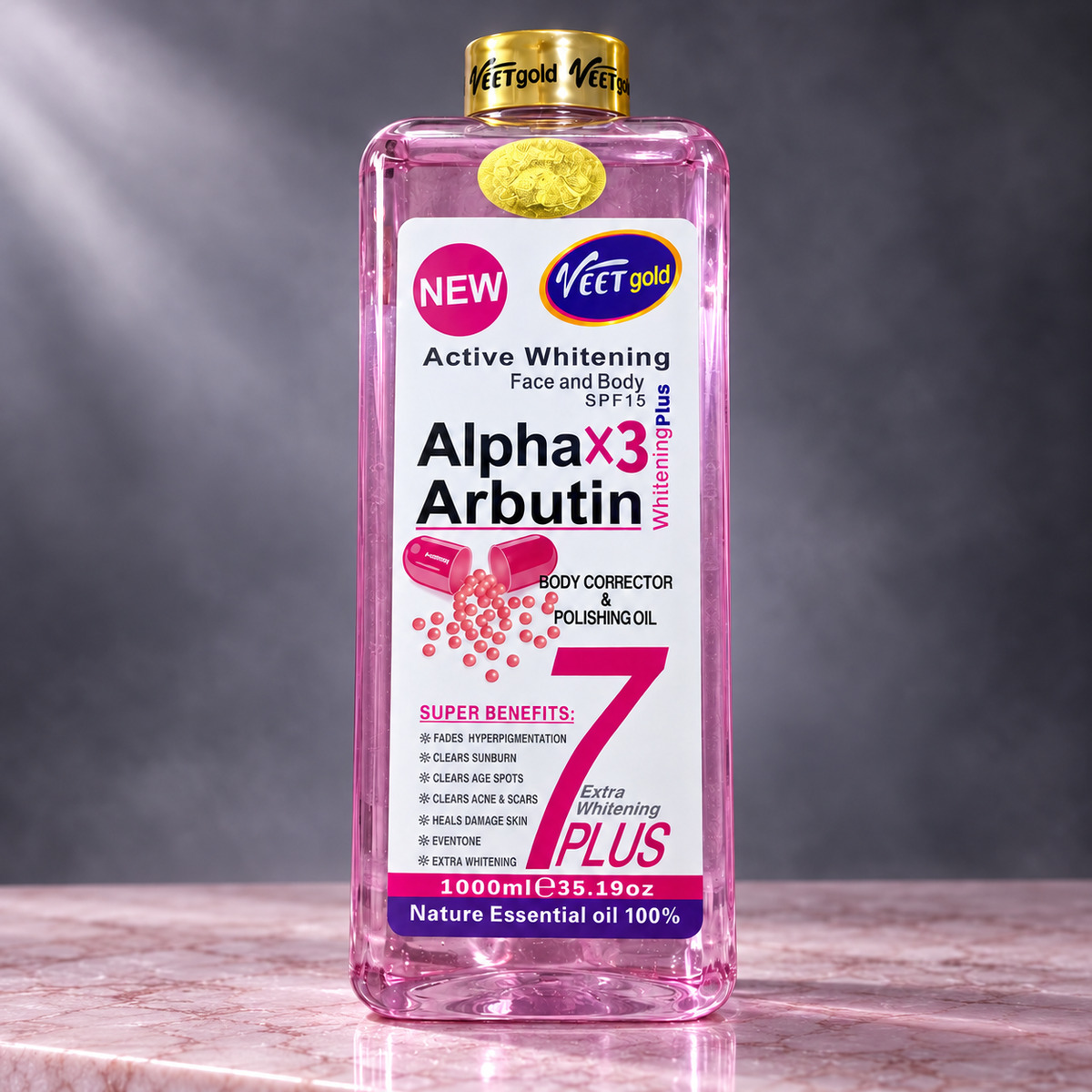 Veet Gold Alpha X3 Arbutin Oil 1000 ml front packaging detail