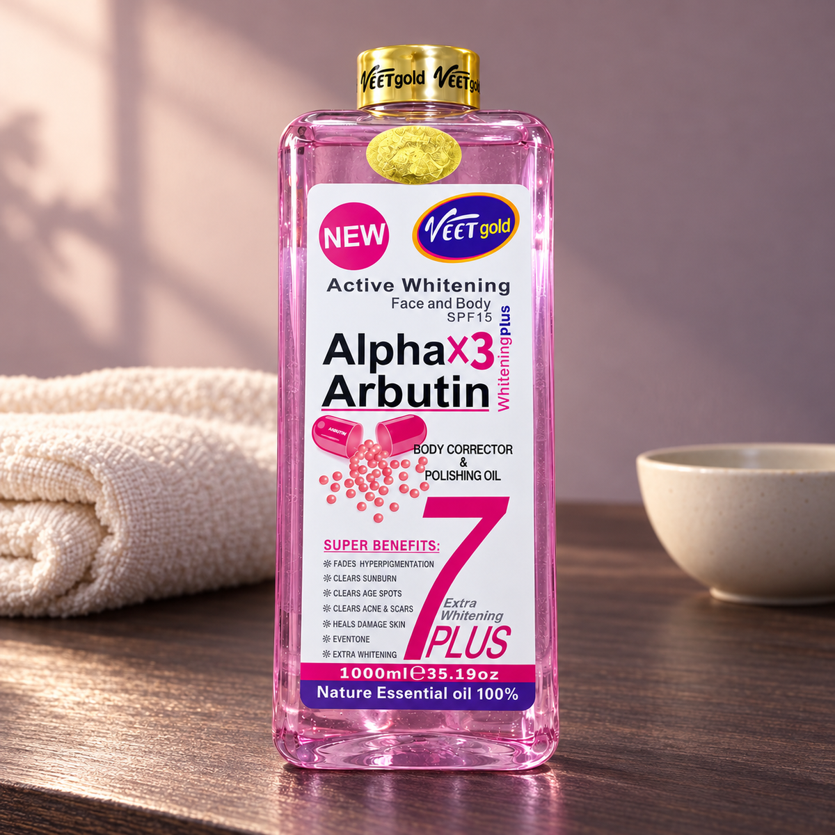 Veet Gold Alpha X3 Arbutin Oil 1000 ml sealed bottle in an original vanity setting