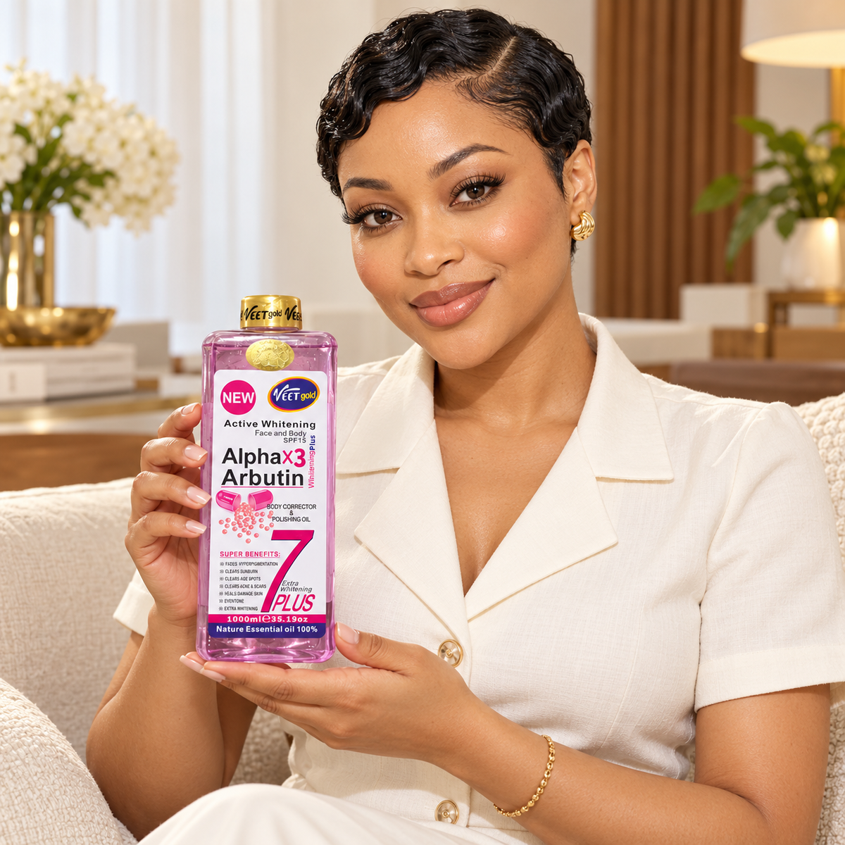 AI-created editorial lifestyle scene of a fictional adult model in a cream blouse and short sculpted hair with Veet Gold Alpha X3 Arbutin Oil; not a customer result