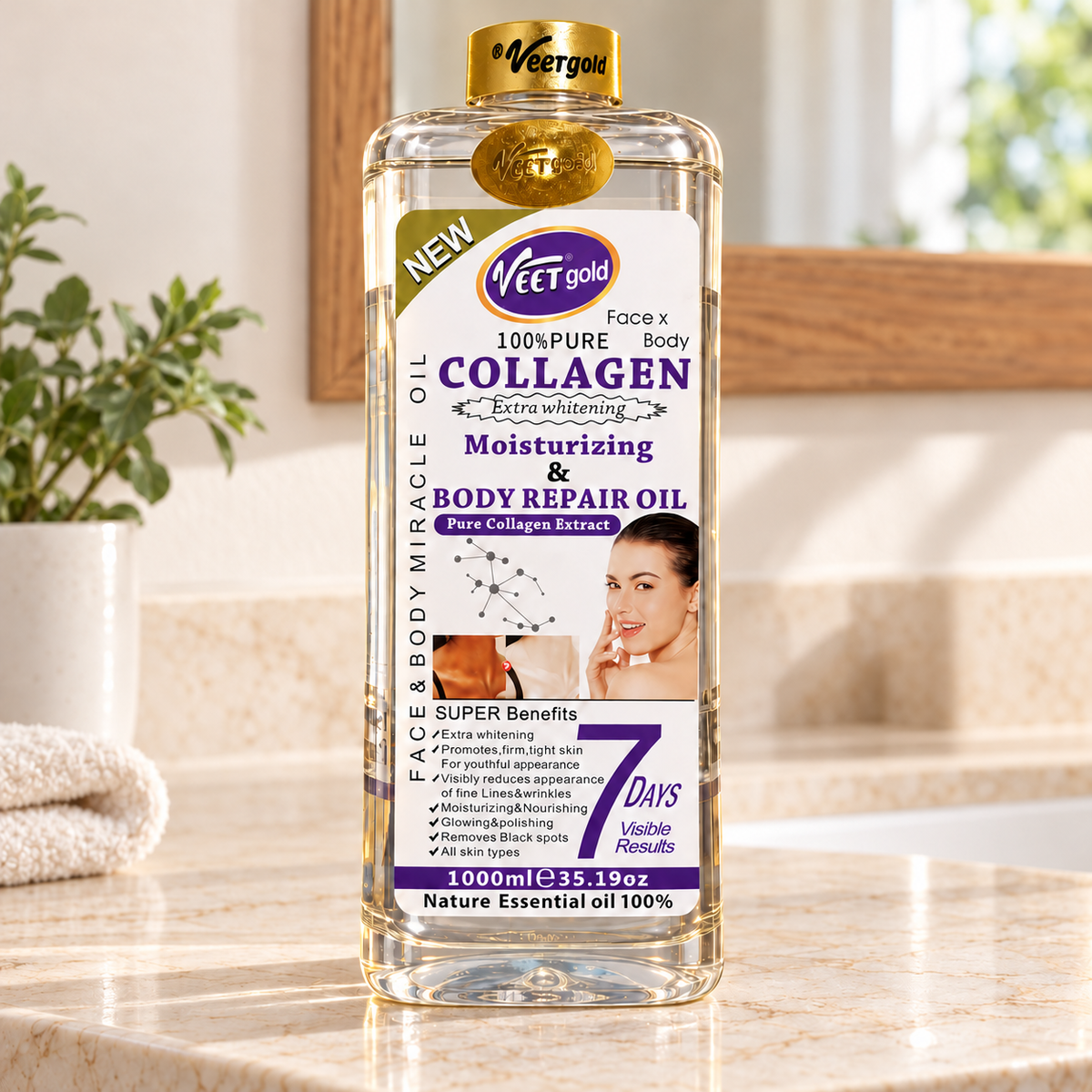 Veet Gold Collagen Oil 1000 ml sealed bottle on a cream bathroom counter with a natural wood-framed mirror