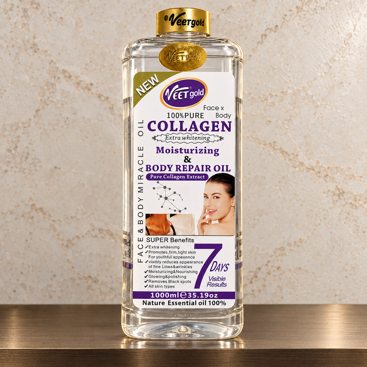 Veet Gold Collagen Oil 1000 ml front packaging detail in an original stone studio scene