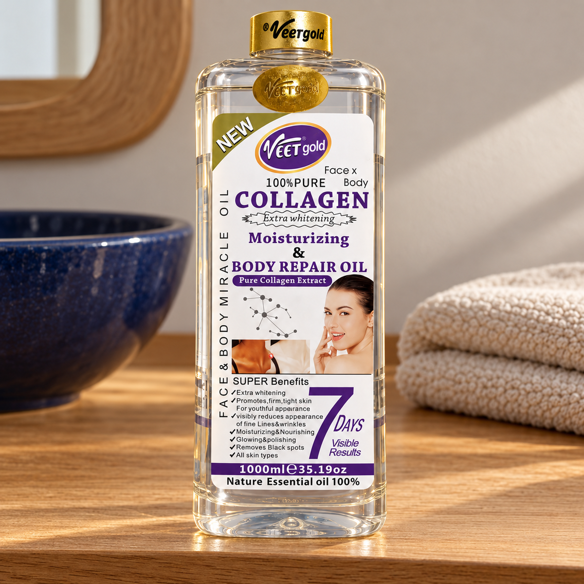 Veet Gold Collagen Oil 1000 ml sealed bottle in an original oak vanity setting