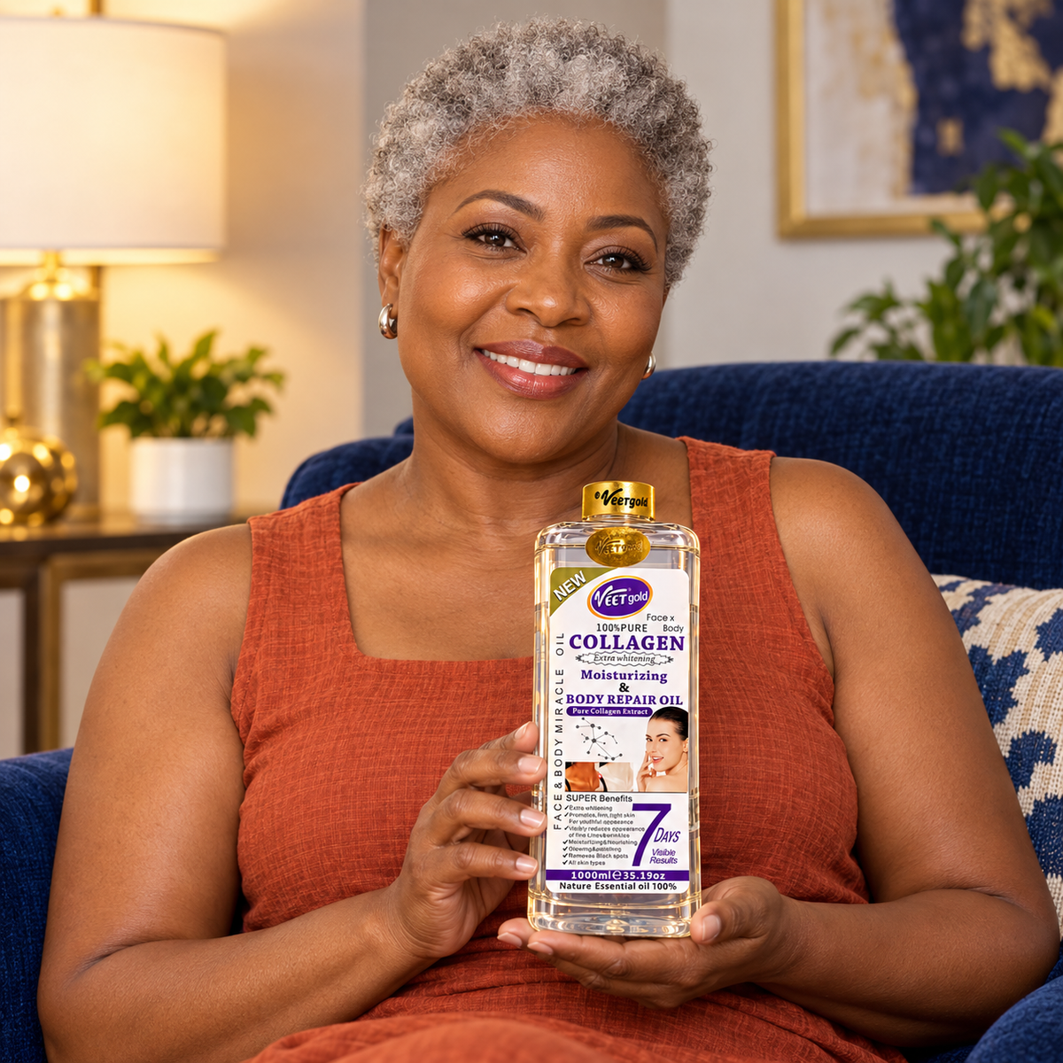 Illustrative lifestyle image of a fictional adult model holding Veet Gold Collagen Oil; not a customer result