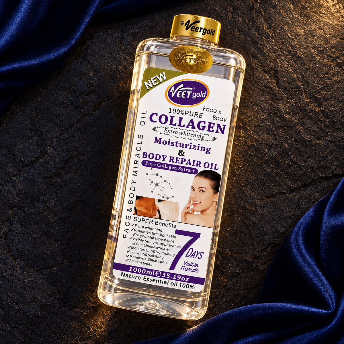Veet Gold Collagen Oil 1000 ml sealed bottle in an original overhead still life