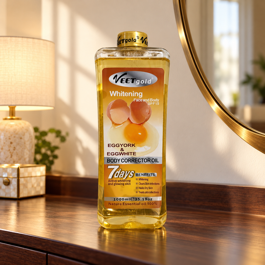 Veet Gold Egg Yolk and Egg White Oil 1000 ml sealed bottle in an original contrasting home interior