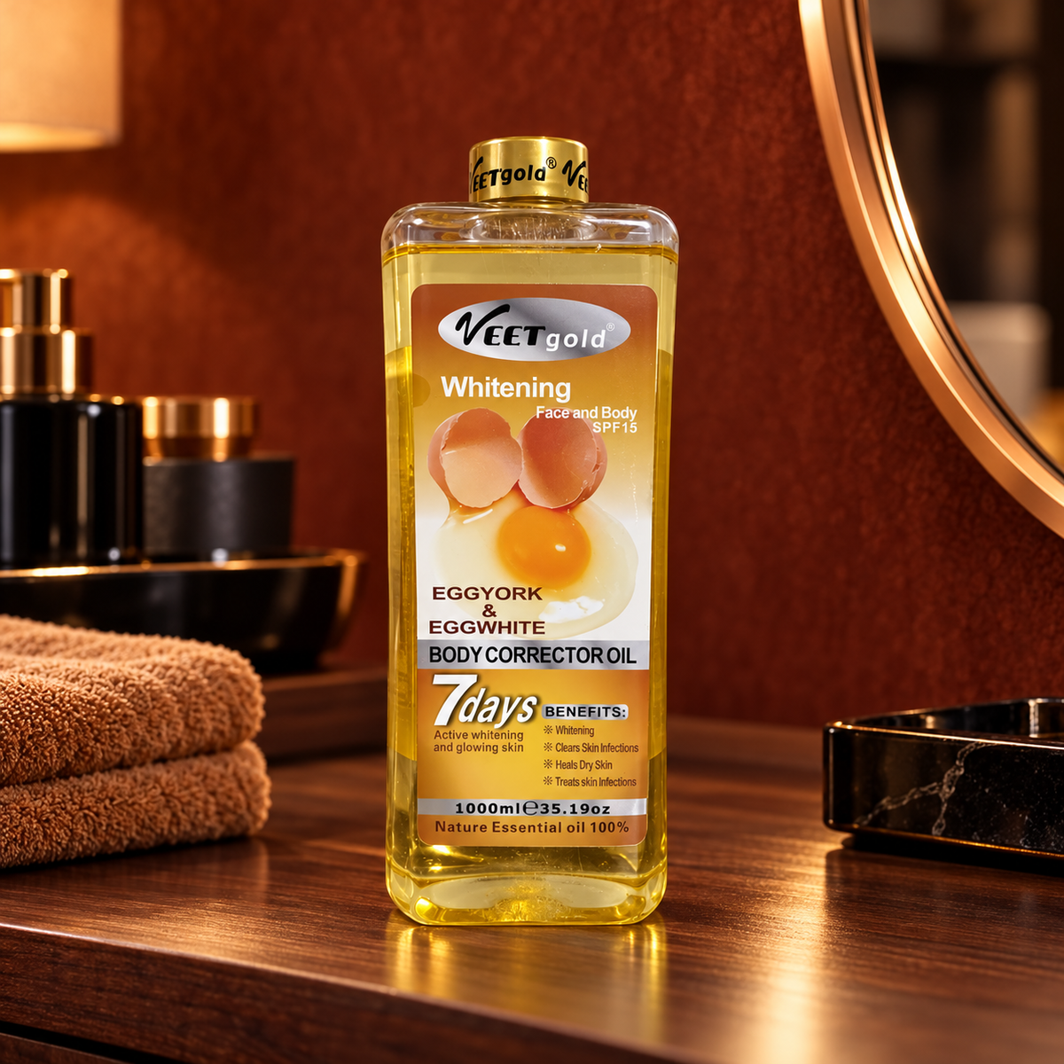 Veet Gold Egg Yolk and Egg White Oil 1000 ml sealed bottle in an original vanity product scene