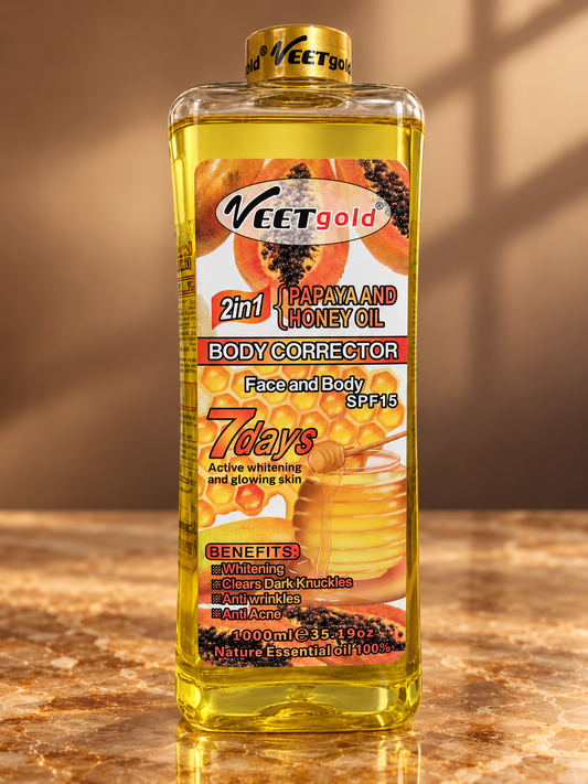 Veet Gold 2-in-1 Papaya and Honey Oil 1000 ml, front label on warm amber stone