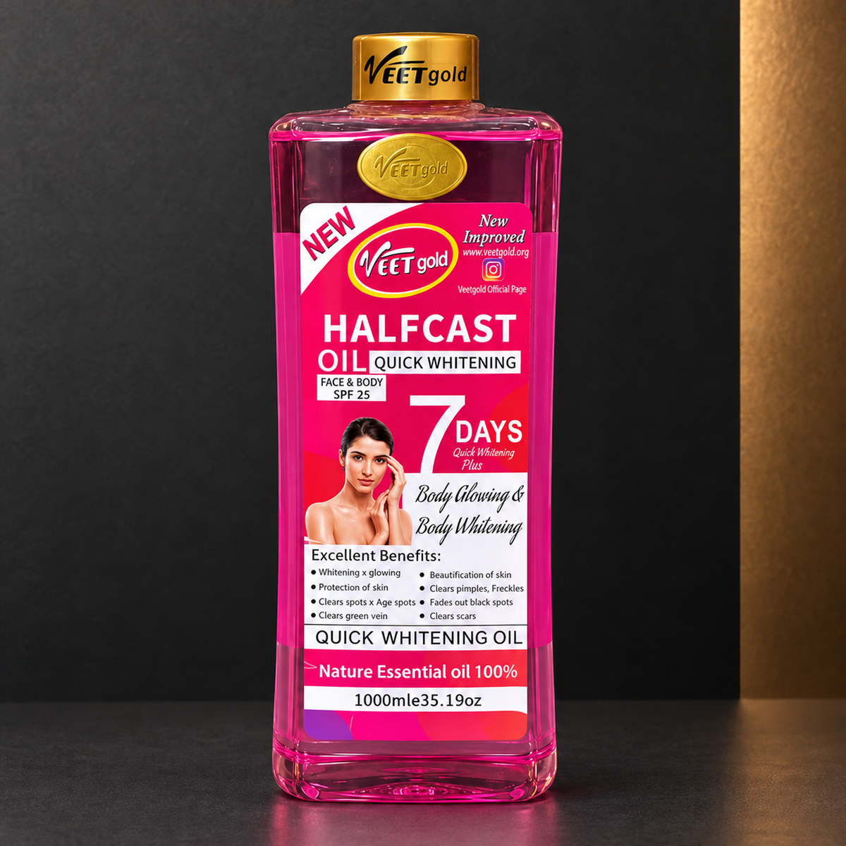 Veet Gold Halfcast Oil 1000 ml front packaging detail in an original charcoal studio scene