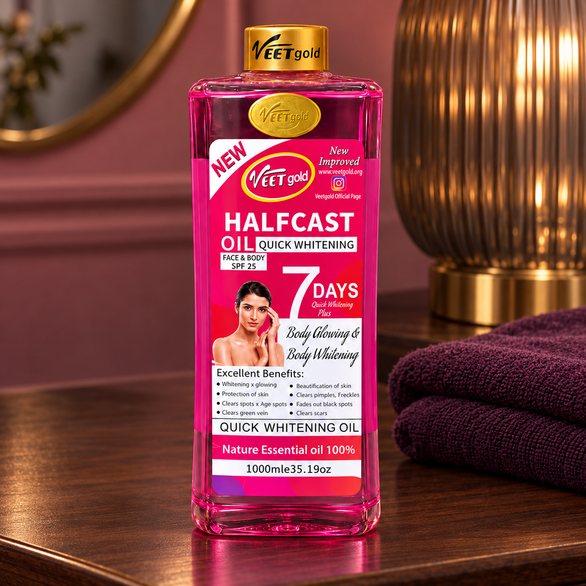 Veet Gold Halfcast Oil 1000 ml sealed bottle in an original walnut vanity scene