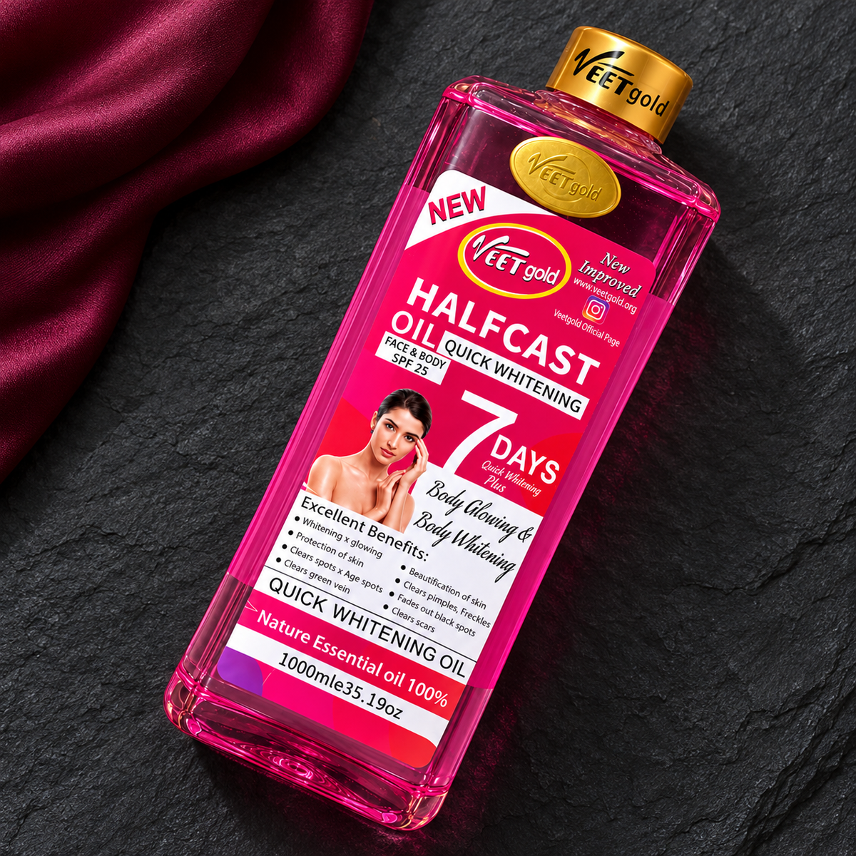Veet Gold Halfcast Oil 1000 ml sealed bottle in an original overhead still life