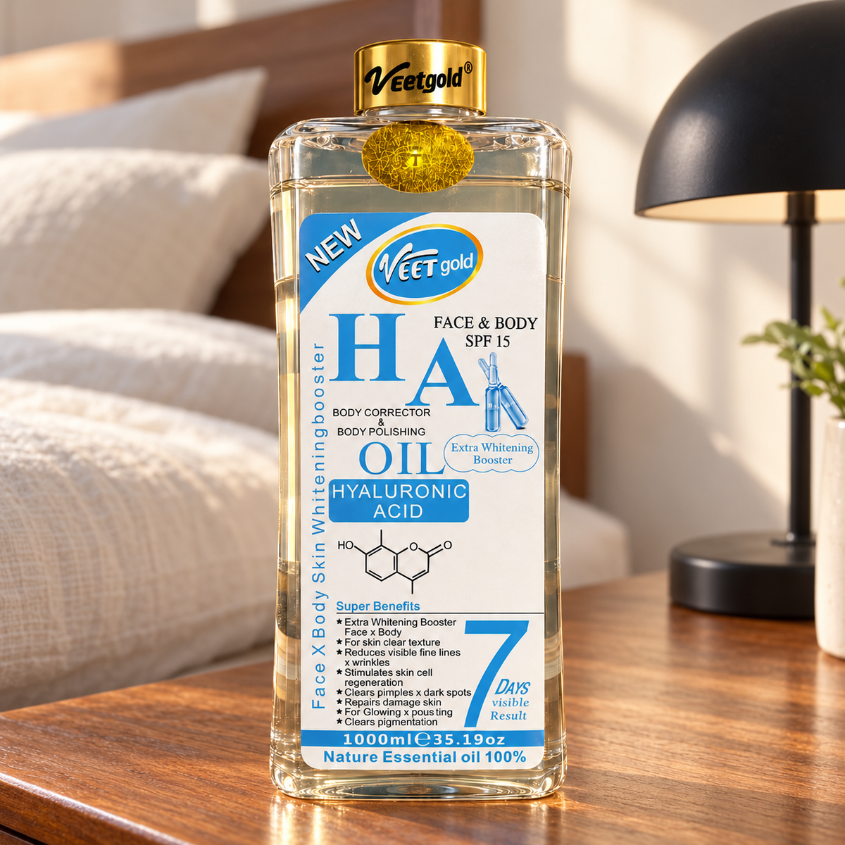 Veet Gold Hyaluronic Acid Oil 1000 ml on a teak bedside table