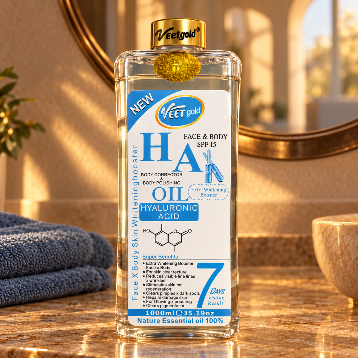 Veet Gold Hyaluronic Acid Oil 1000 ml — bottle on original vanity scene