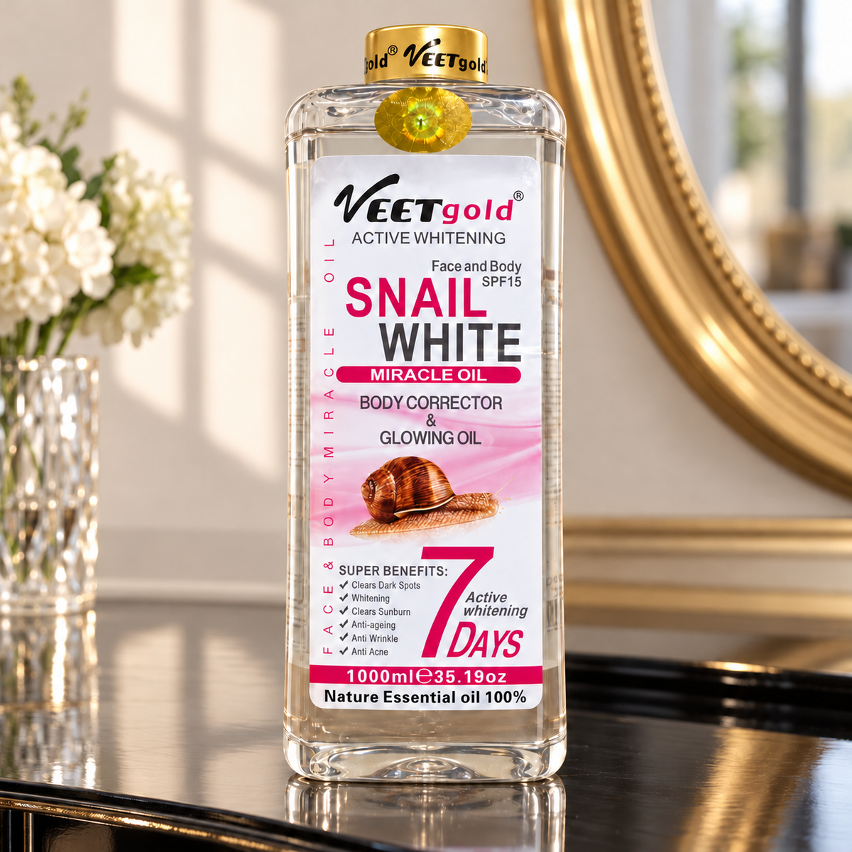 Veet Gold Snail White Oil 1000 ml sealed bottle on a black lacquer dressing console with a cream wall and gold oval mirror