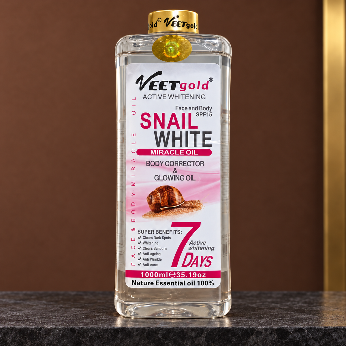 Veet Gold Snail White Oil 1000 ml front packaging detail in an original cocoa studio scene