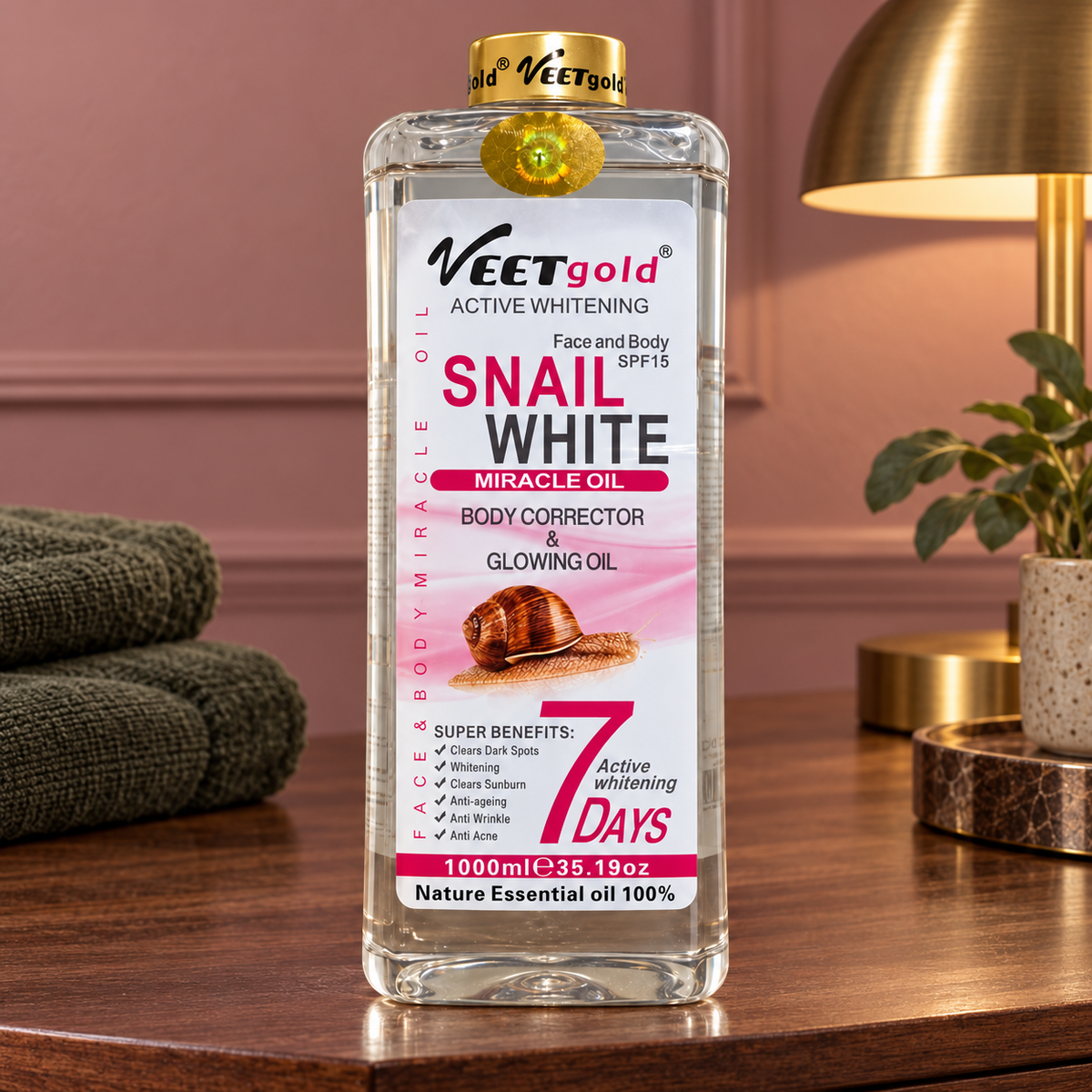 Veet Gold Snail White Oil 1000 ml sealed bottle in an original walnut vanity scene