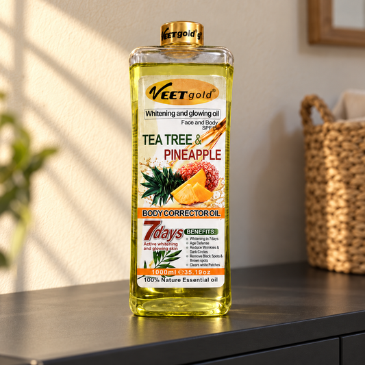 Veet Gold Tea Tree & Pineapple Oil 1000 ml on a charcoal cabinet