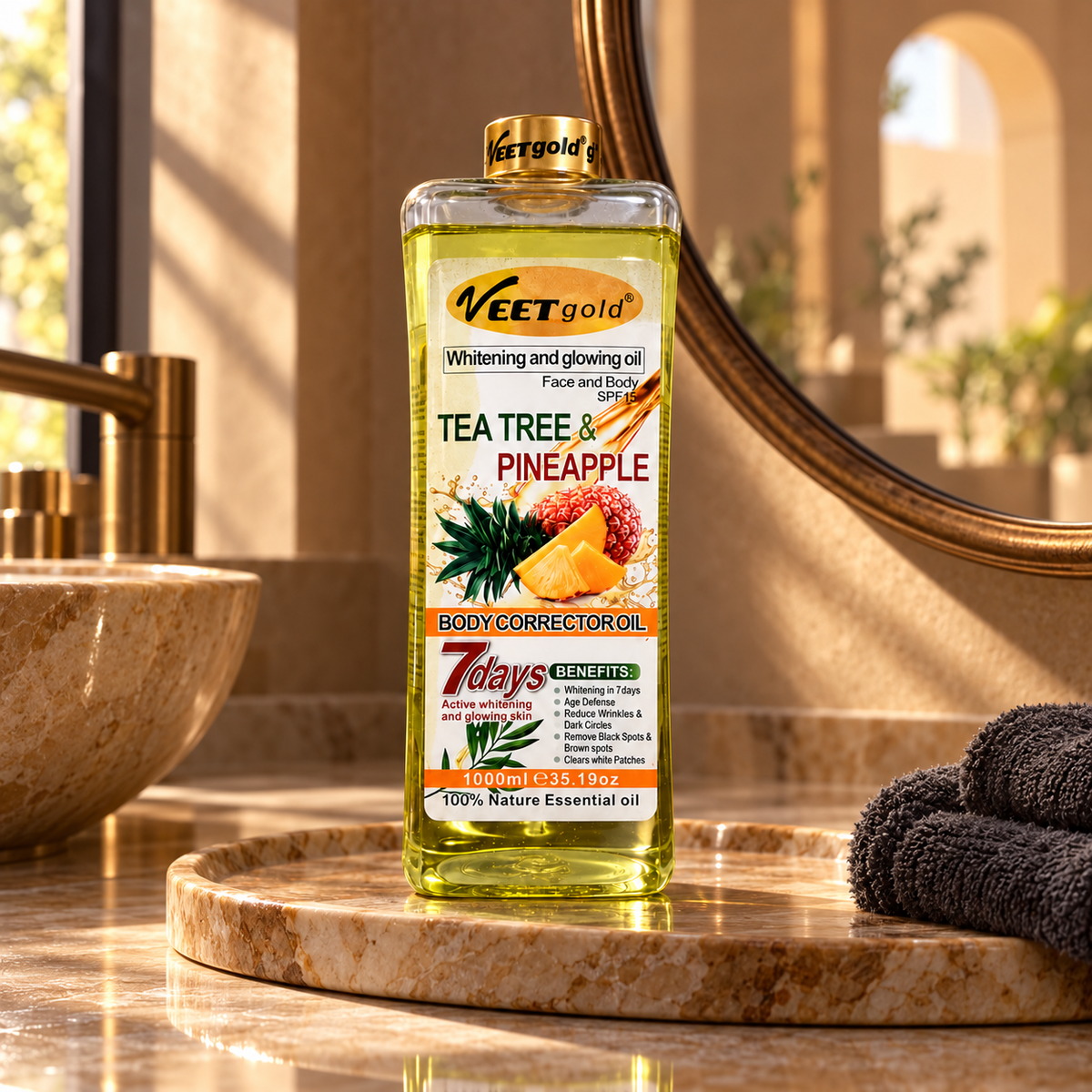 Veet Gold Tea Tree & Pineapple Oil 1000 ml — bottle on original vanity scene