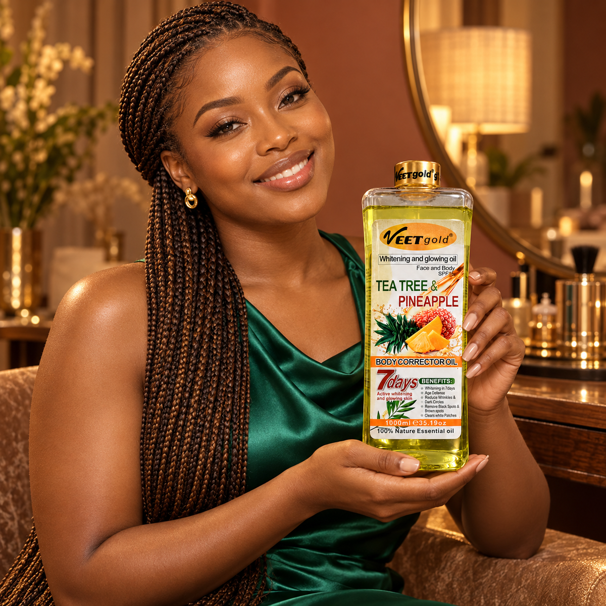 Veet Gold Tea Tree & Pineapple Oil 1000 ml — original adult model holding the closed bottle
