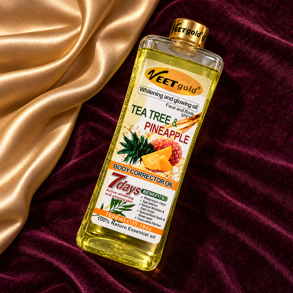 Veet Gold Tea Tree & Pineapple Oil 1000 ml — front-facing bottle in original flatlay